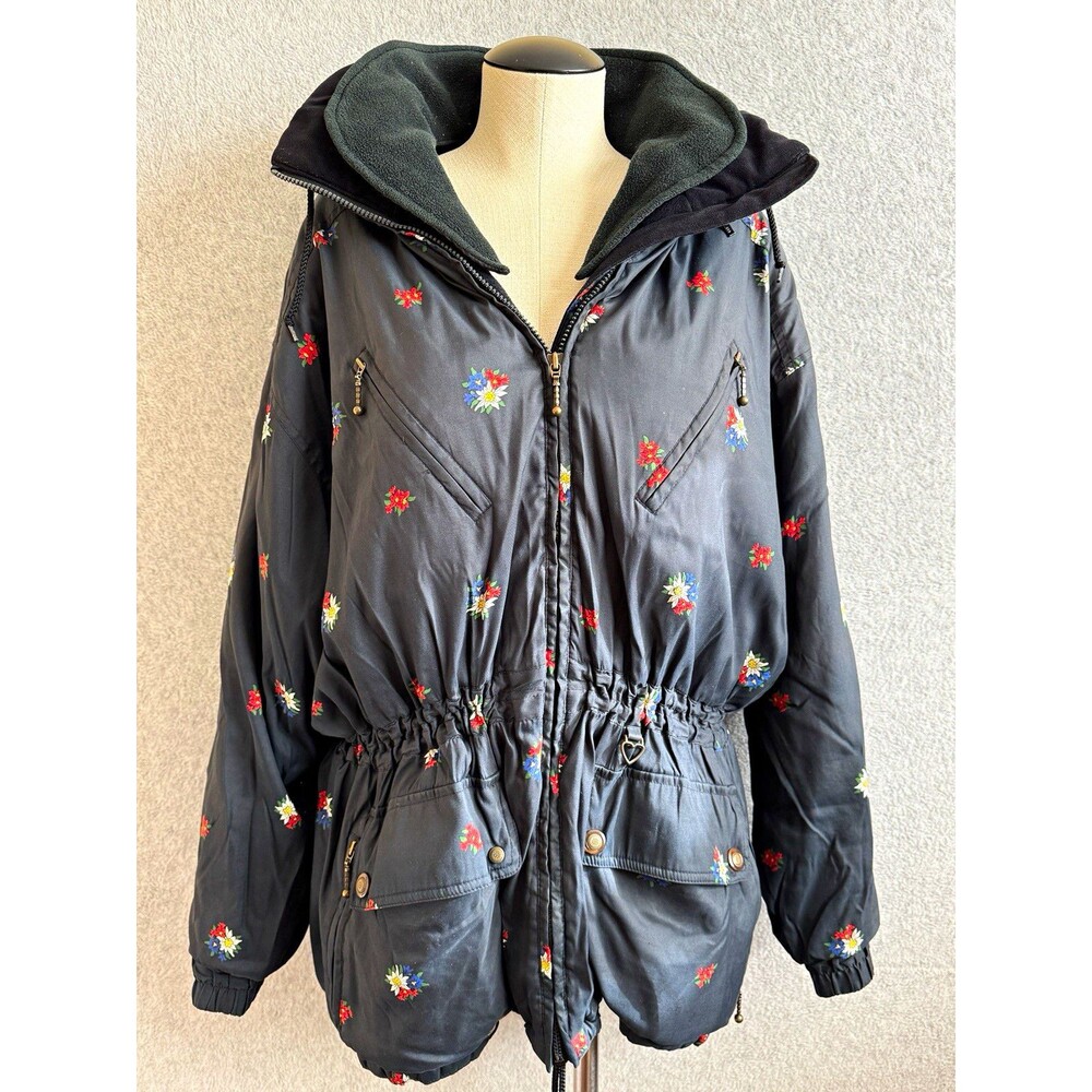 VTG Obermeyer Gabriele Parka Women 16 Black Floral Cabincore Nordic Alpine Chic